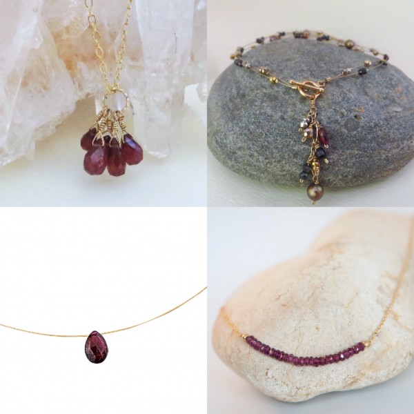dijes, aretes, collares, pulseras con granate